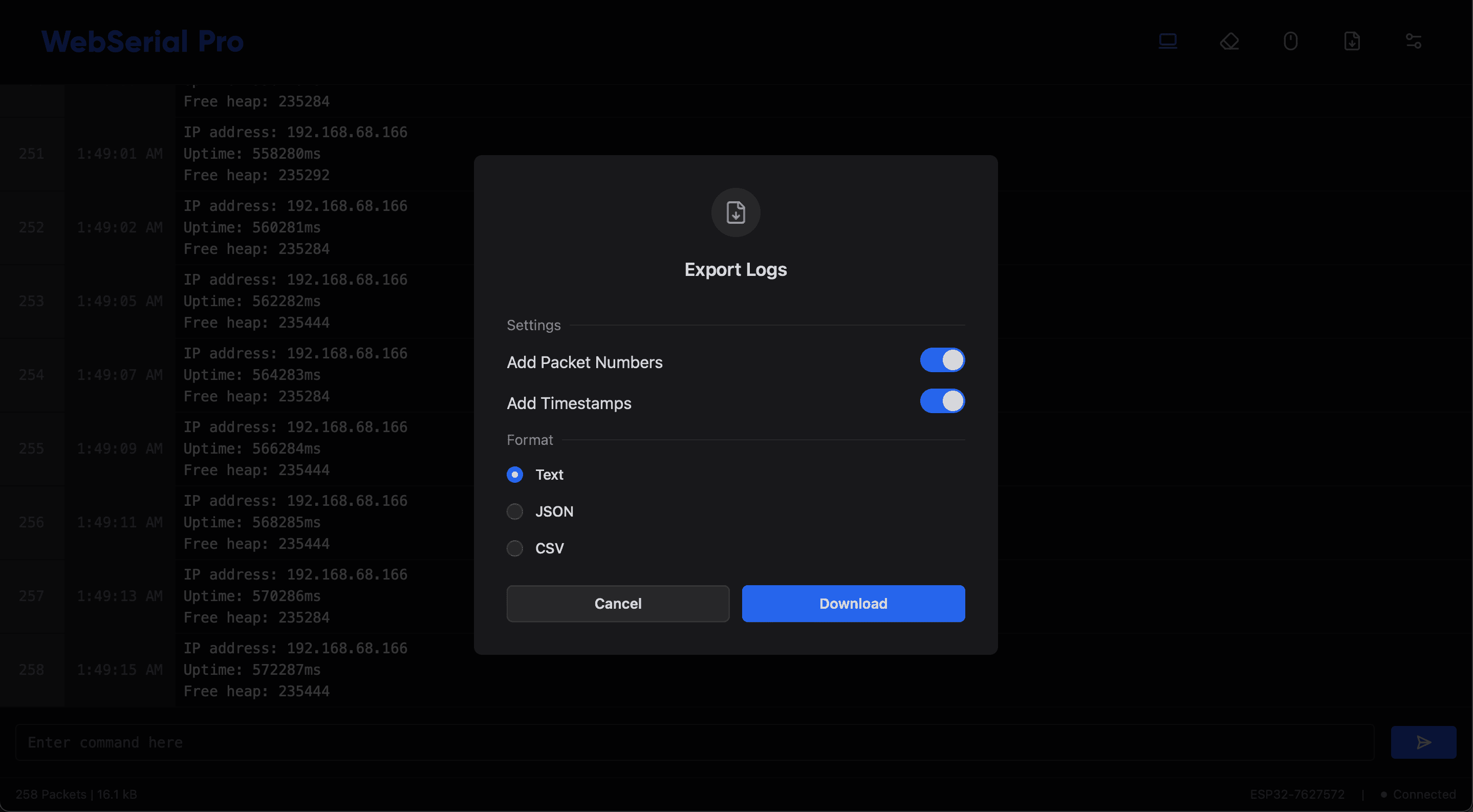 Export Logs dialog